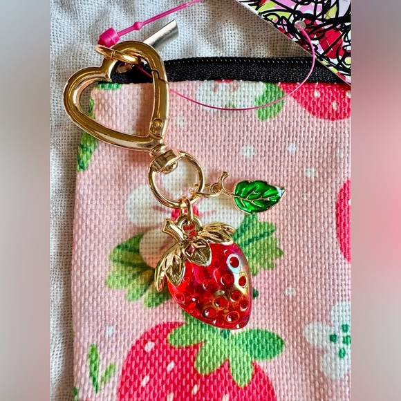 New Strawberries & Flowers Pink Makeup Cosmetic Tech Pencil Bag w/ Charm - 9.5” - Picture 3 of 6